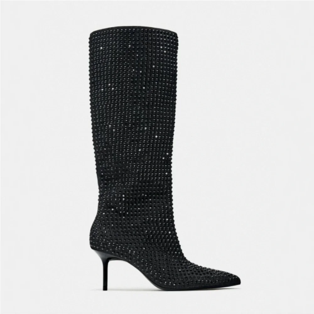 ZARA POINTED TOE RHINESTONE HEELED KNEE HIGH BOOTS - Picture 5 of 9